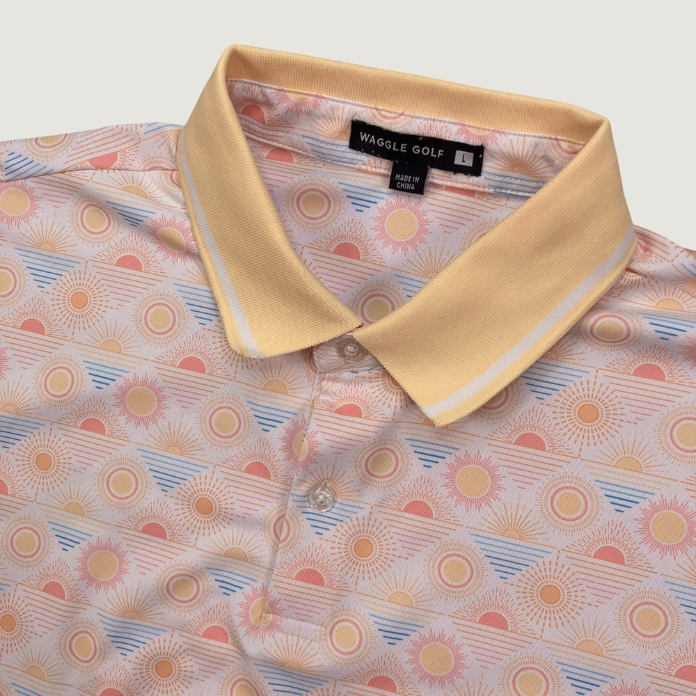 Waggle Golf Mens L Polo Shirt Yellow Pink Sun Geometric Print Short Sleeve